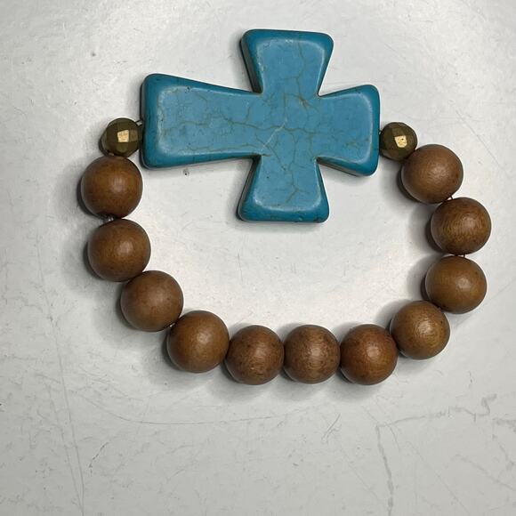 beaded bracelet turquoise colored blue stone cross brown beaded stretch style - Picture 3 of 5